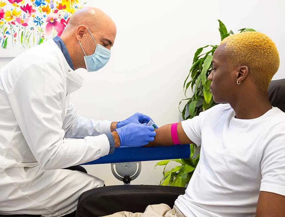 A blood sample being collected at a London Medical Laboratory collection point
